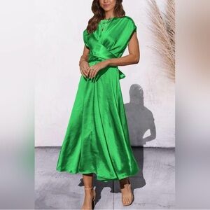 Vibrant Green Satin Midi Dress